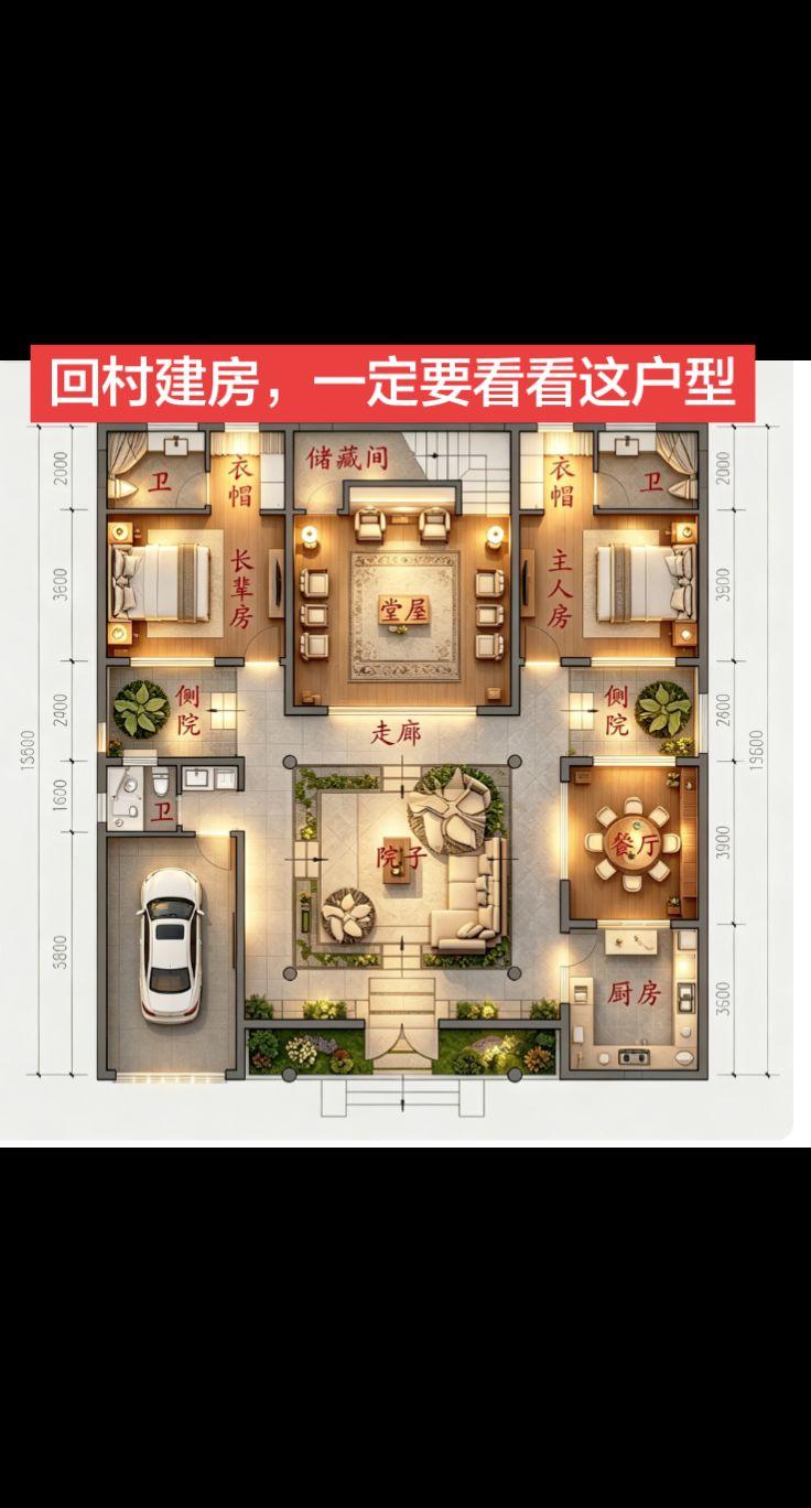 中式一层合院，接地气又大气。回村建房，就想要个有堂屋、有院子的家。这套一层中式