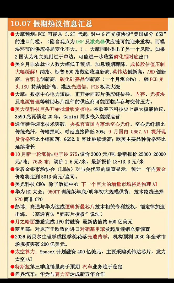 10.07周三｜假期财经热点信息整理长假期间海外市场持续交易，多条产业消息发酵，