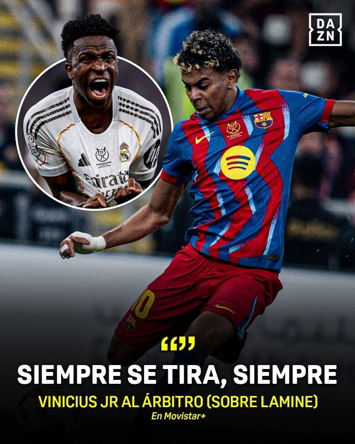 转播方捕捉到维尼修斯比赛时向裁判表达不满: “亚马尔总是假摔”