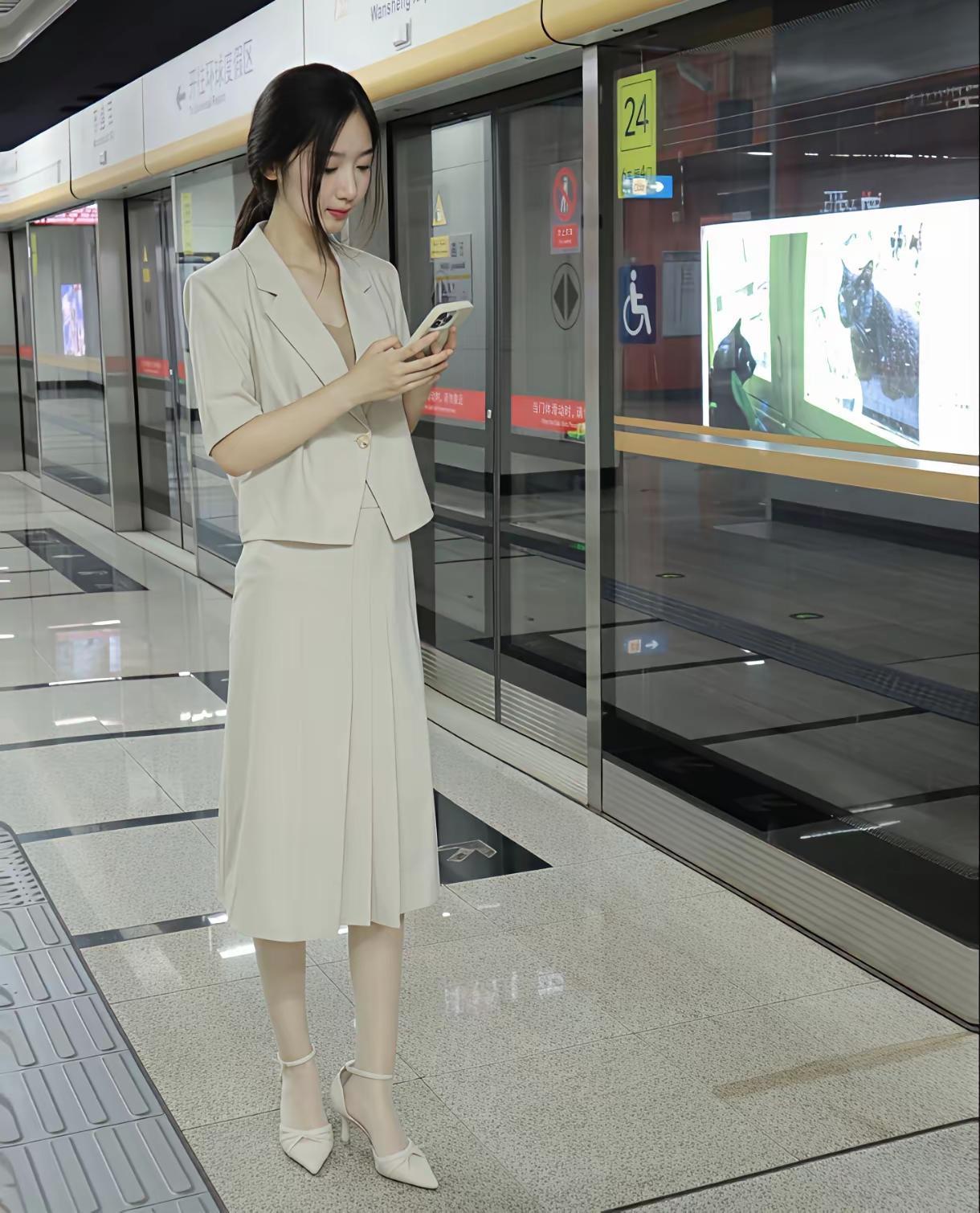 优雅通勤，手机相伴，静待列车到来。