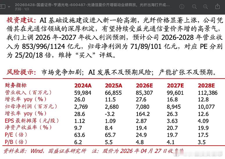 价值投资日志各家券商马上都会陆续大幅上调亨通光电等光纤板块头部公司2026年净
