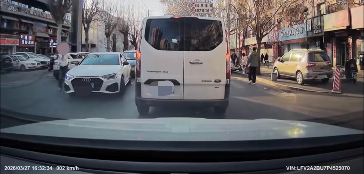 3月27日辽宁沈阳，一辆奥迪想要转弯，副驾女子见没人让行，于是下车走到对向车道用