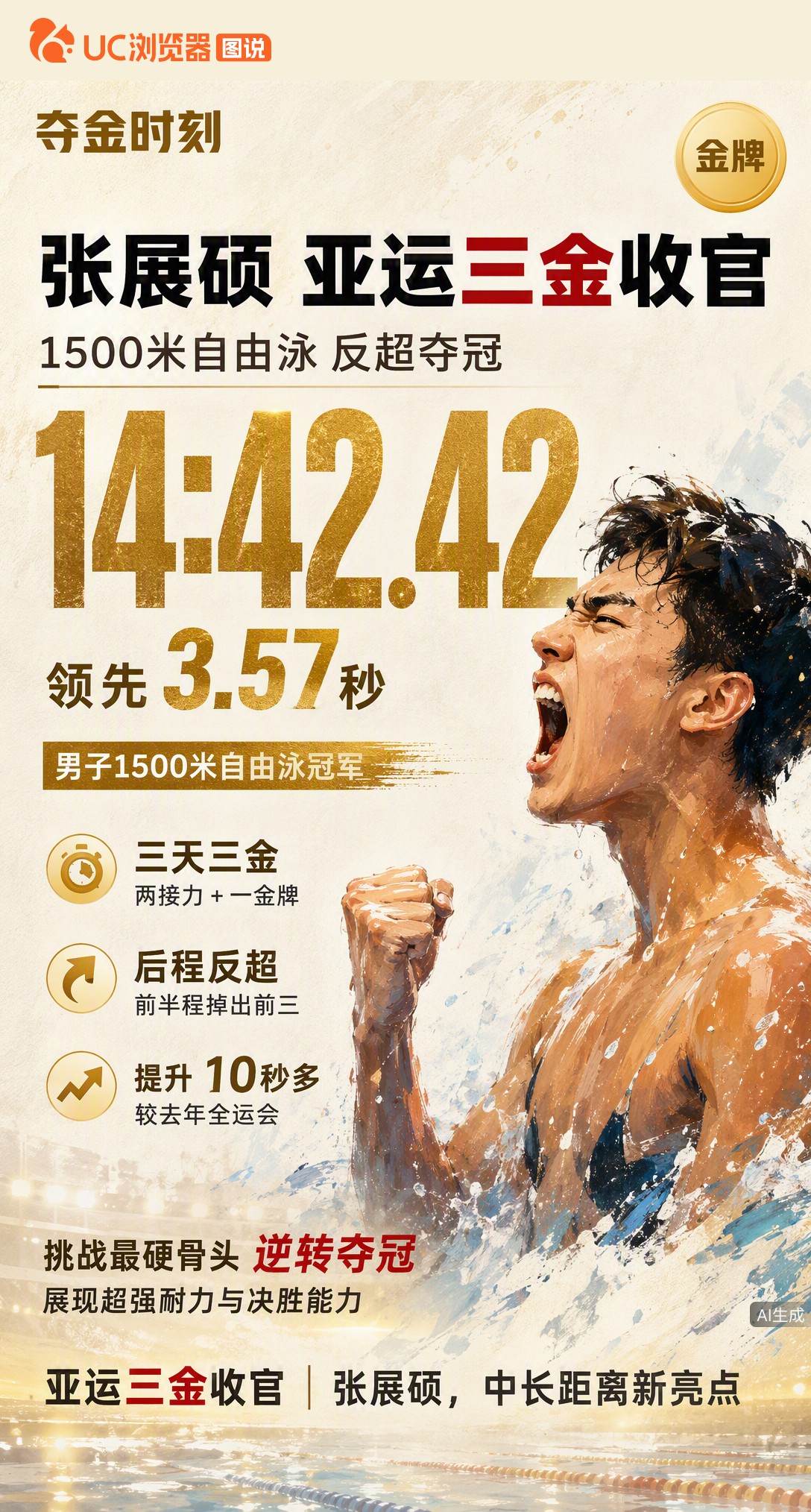 名古屋亚运第3金！张展硕1500自前半程掉出前三后反超，领先日本选手3.57秒夺冠。成绩比去年全运会