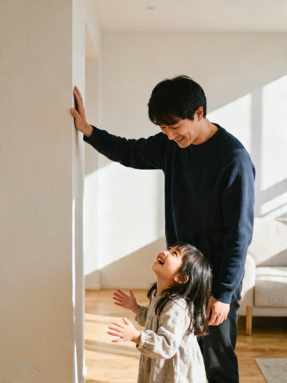 爸爸下班回家了，刚打开房门，却被一堵“墙”挡在了客厅门口，正在客厅拖地的妈妈悄悄