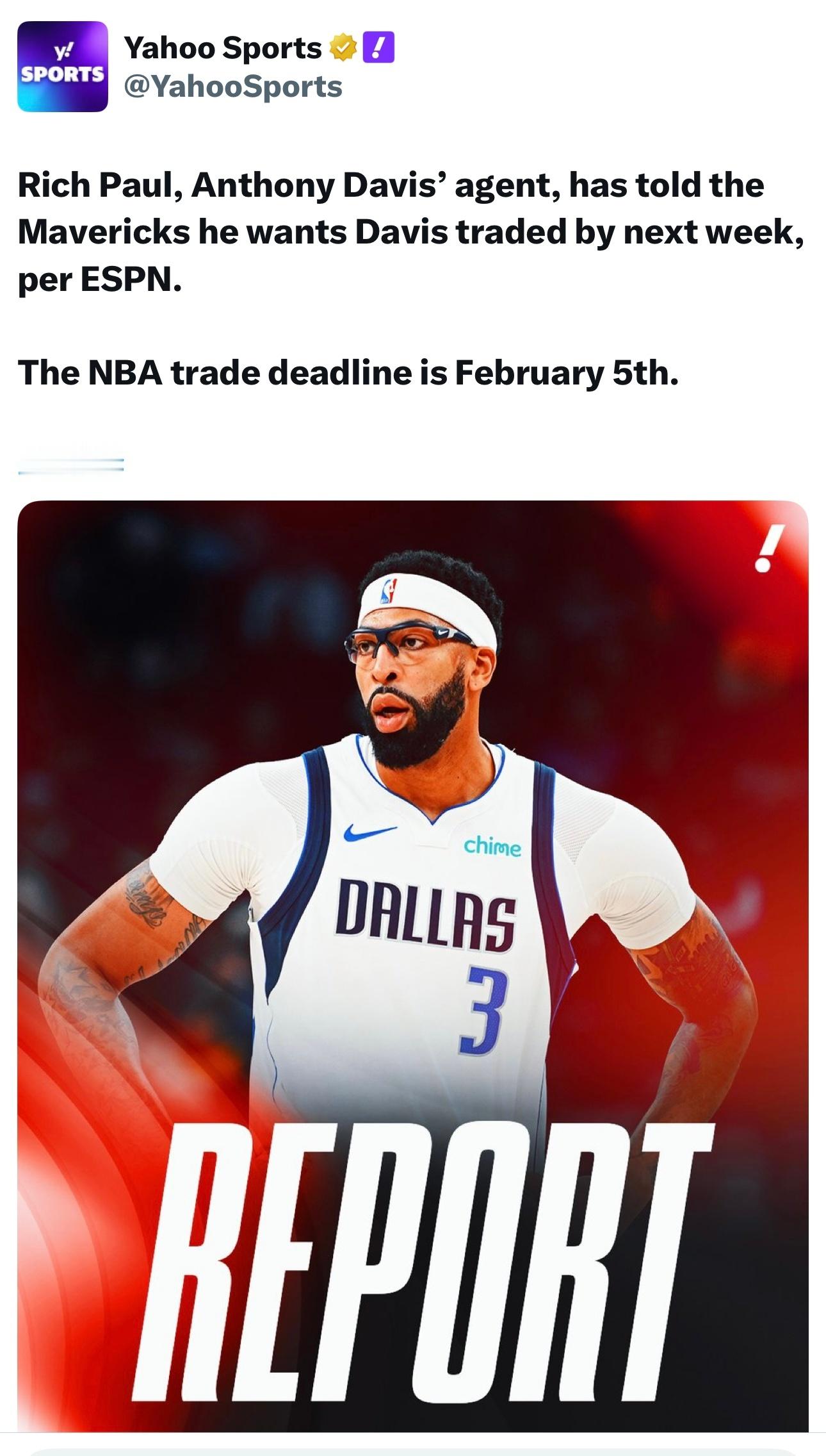 ESPN记者TimMacMahon：安东尼·戴维斯的经纪人里奇·保罗已经明确告