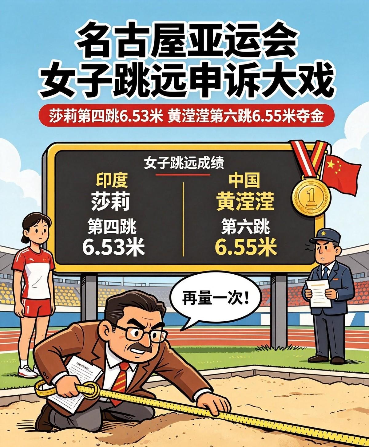 名古屋亚运会女子跳远，黄滢滢最后一跳6米55，反超夺金。印度选手6米53，银牌。