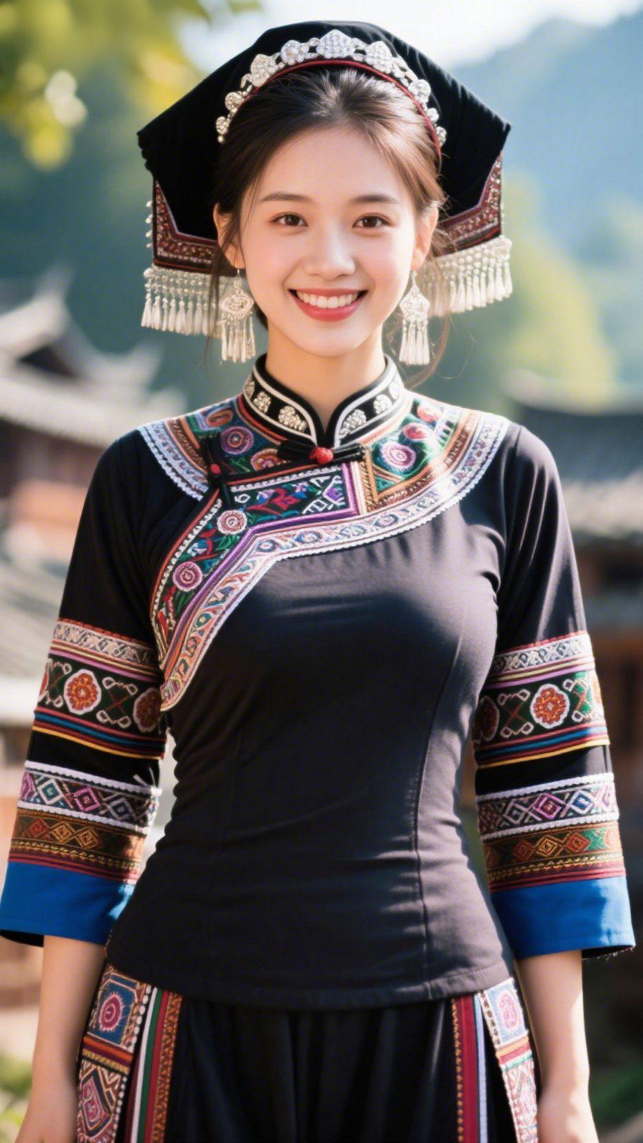 《苗装里的山野清欢》山风裹着草木的气息，黑底苗装像浸了岁月的温，领口、袖间