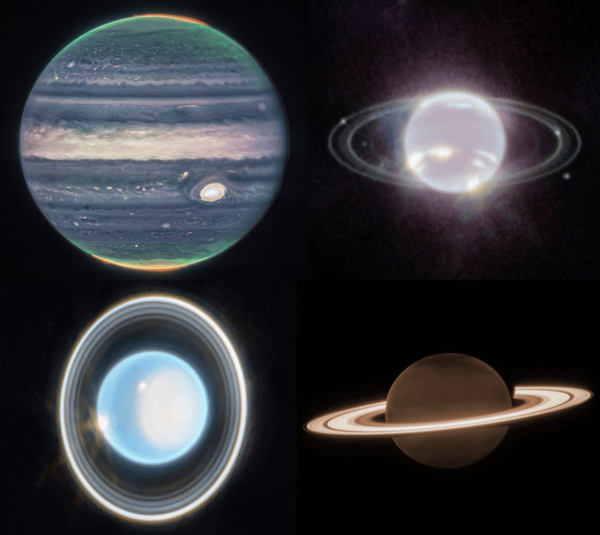 詹姆斯·韦伯太空望远镜拍摄到的太阳系四颗气态巨行星​​​
