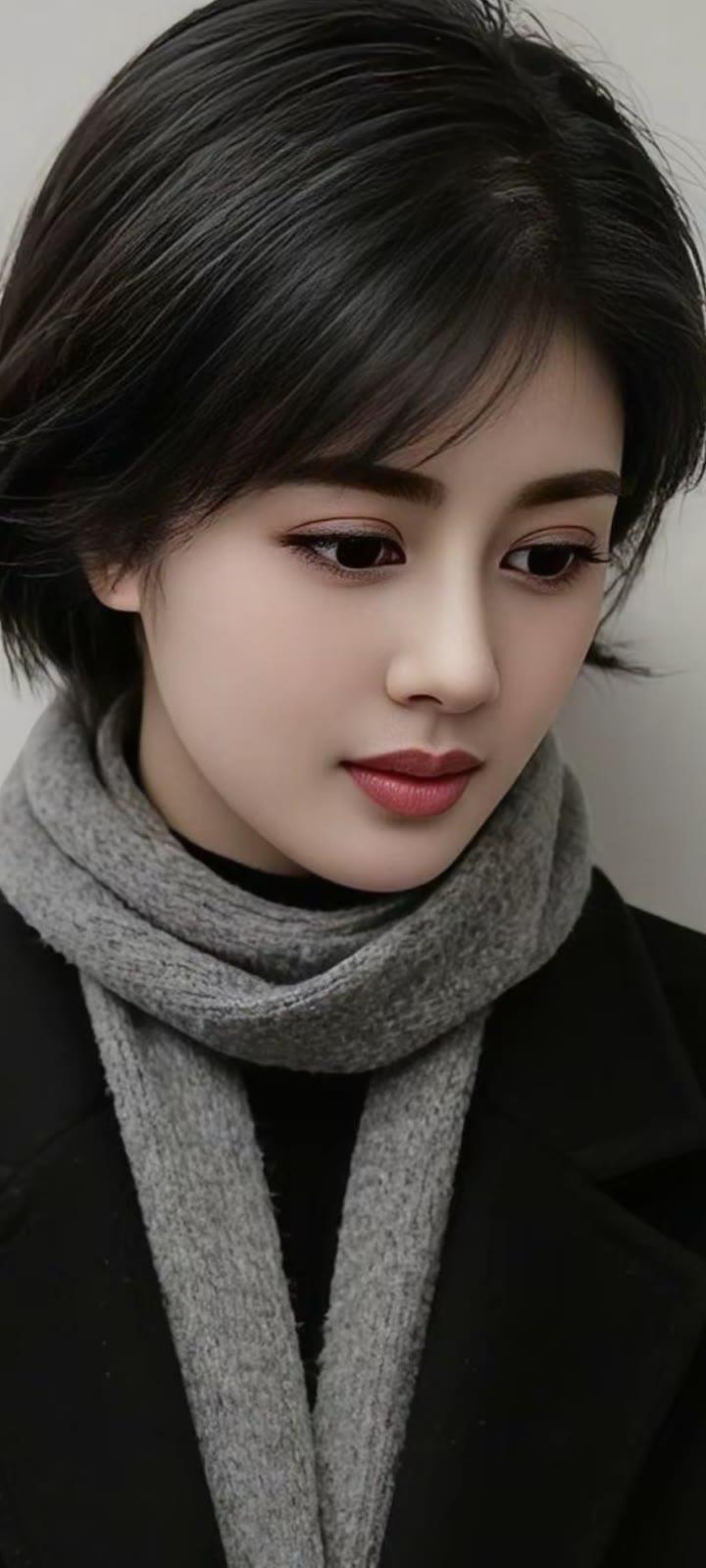 冬日暖阳下的温柔少女，灰色围巾与黑色大衣的完美搭配，尽显优雅气质。