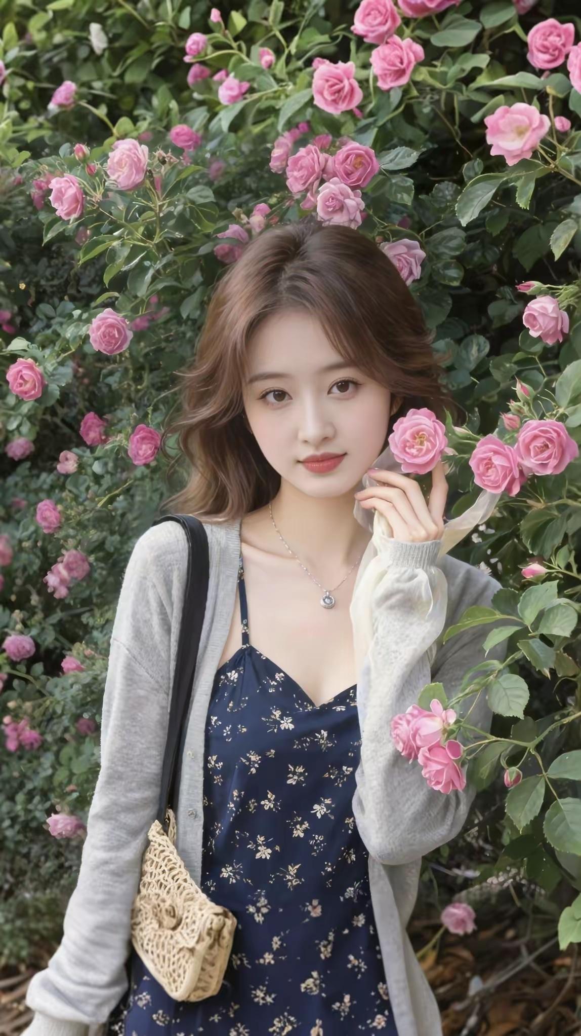 在浪漫的粉色花海中，甜美少女轻抚玫瑰，尽显温柔与优雅。