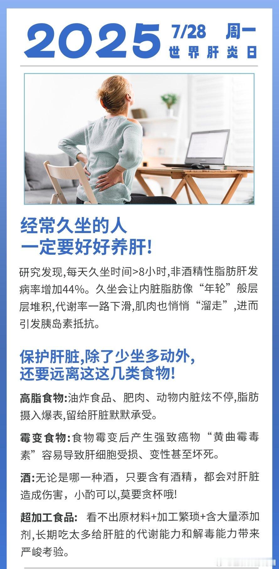 世界肝炎日肝炎一定会发展成为肝癌吗让她健康今天是世界肝炎日，久坐族要敲响警钟！