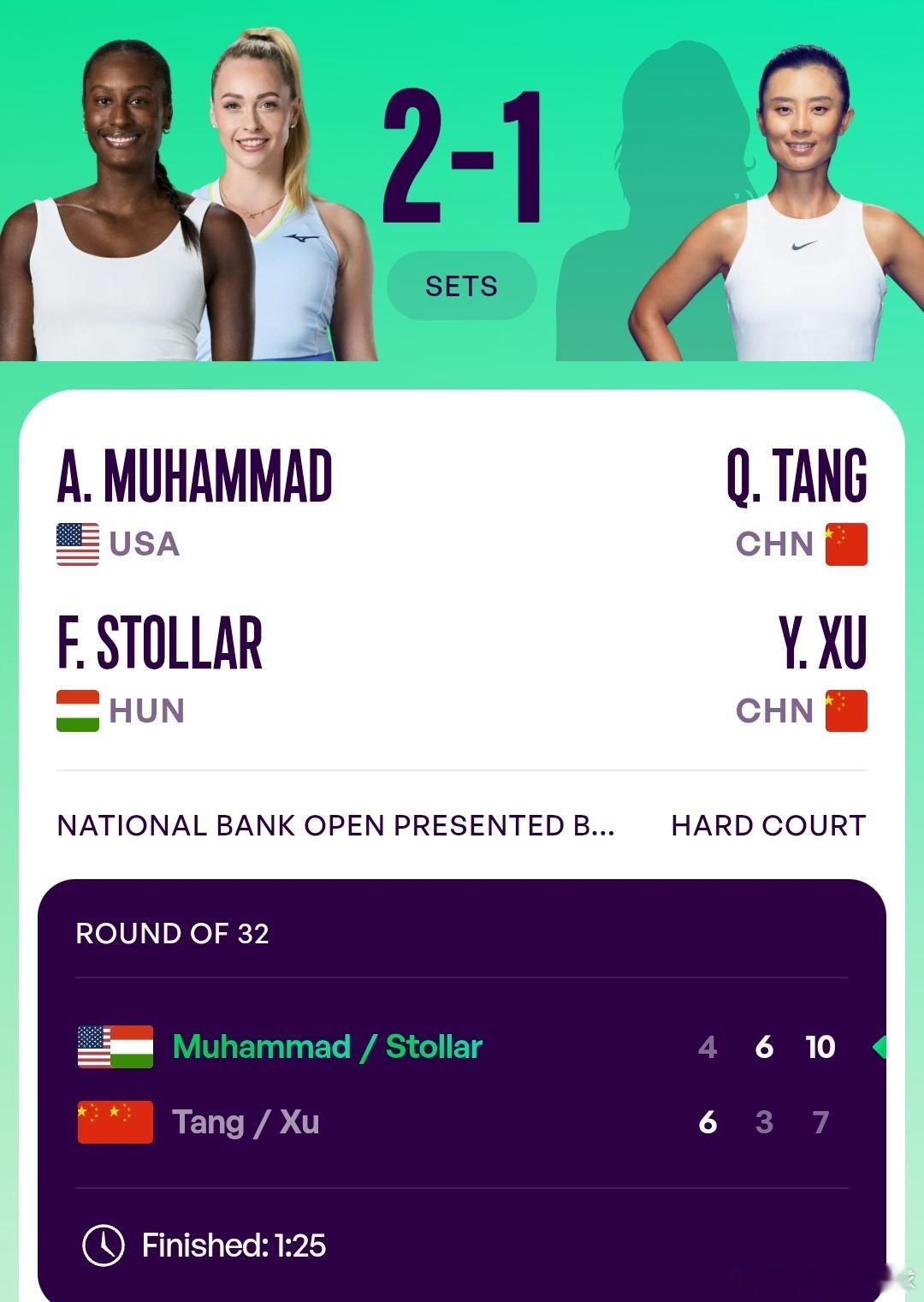WTA1000多伦多站🇨🇦女双第1轮汤千慧🇨🇳/徐一璠🇨🇳6-4/3