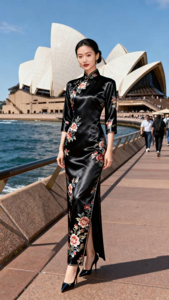 晒图笔记大赛优雅的旗袍美女漫步悉尼歌剧院，尽显东方韵味！旗袍旗袍美女气质美