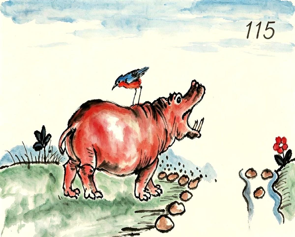 一幅水墨画，主角不是什么英雄侠客，是一头河马。一身褶子，皮糙肉厚，它就那么一声