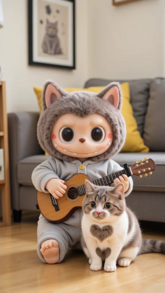 温柔的labubu给爱心猫咪弹吉他
