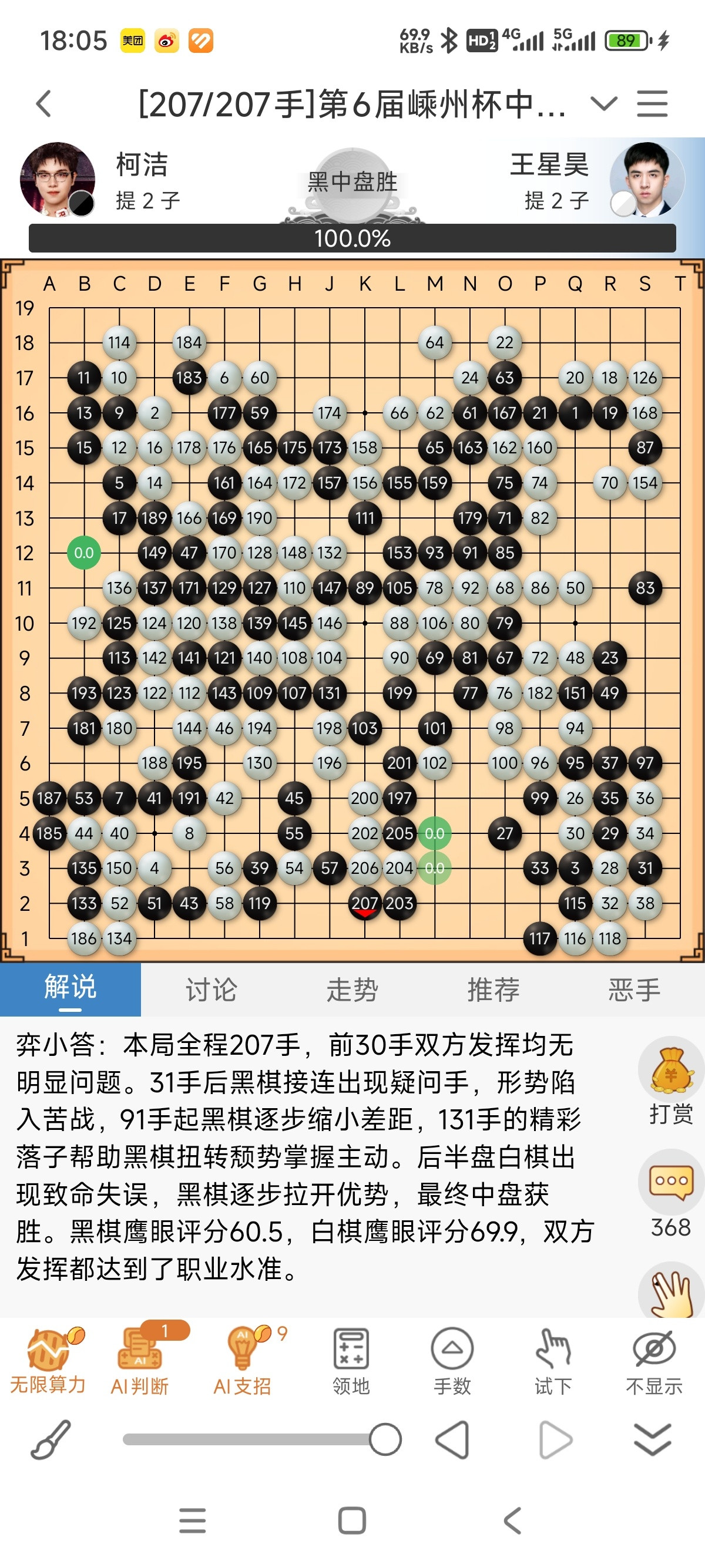 柯九KJ王中王围棋争霸赛赛果发布柯洁九段执黑207手中盘胜王星昊九段。恭喜柯柯