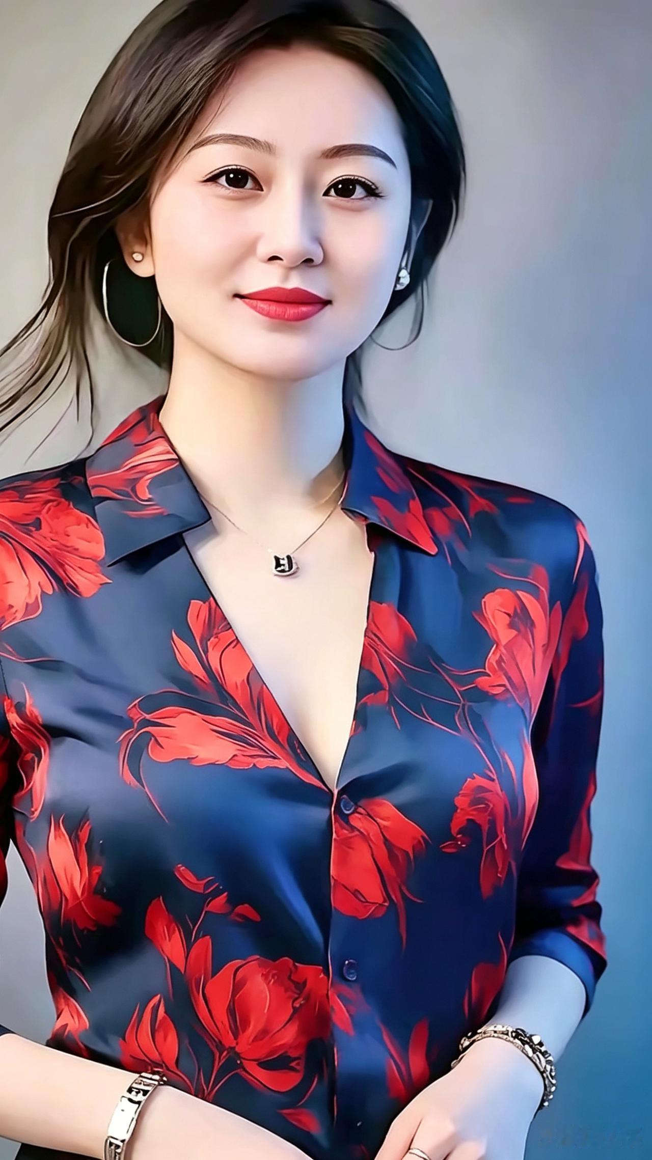 蓝锦裁裳藏碎蕊，清姿柔媚韵流霞。眸含秋水神尤静，唇染胭脂态愈嘉。素颈玲珑垂细