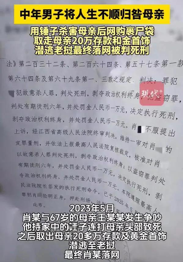 江西南昌的肖某，1985年生，念过大学却没工作。他把自己日子过得不顺，全怪在母亲