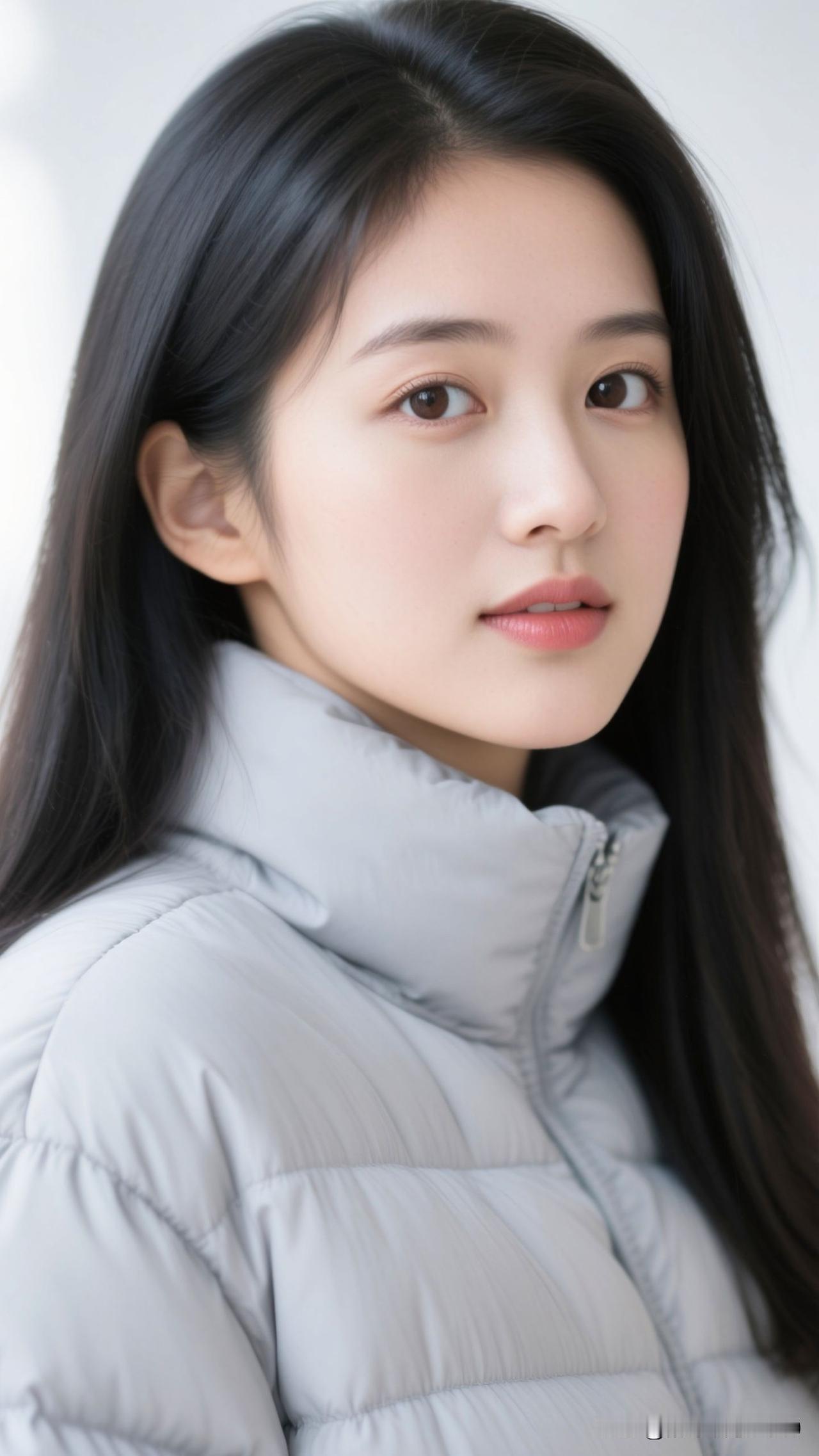 ❄️浅灰羽绒裹住冬的静谧，长发曳着光的柔，整个画面都浸着清冽又治愈的暖。温柔风