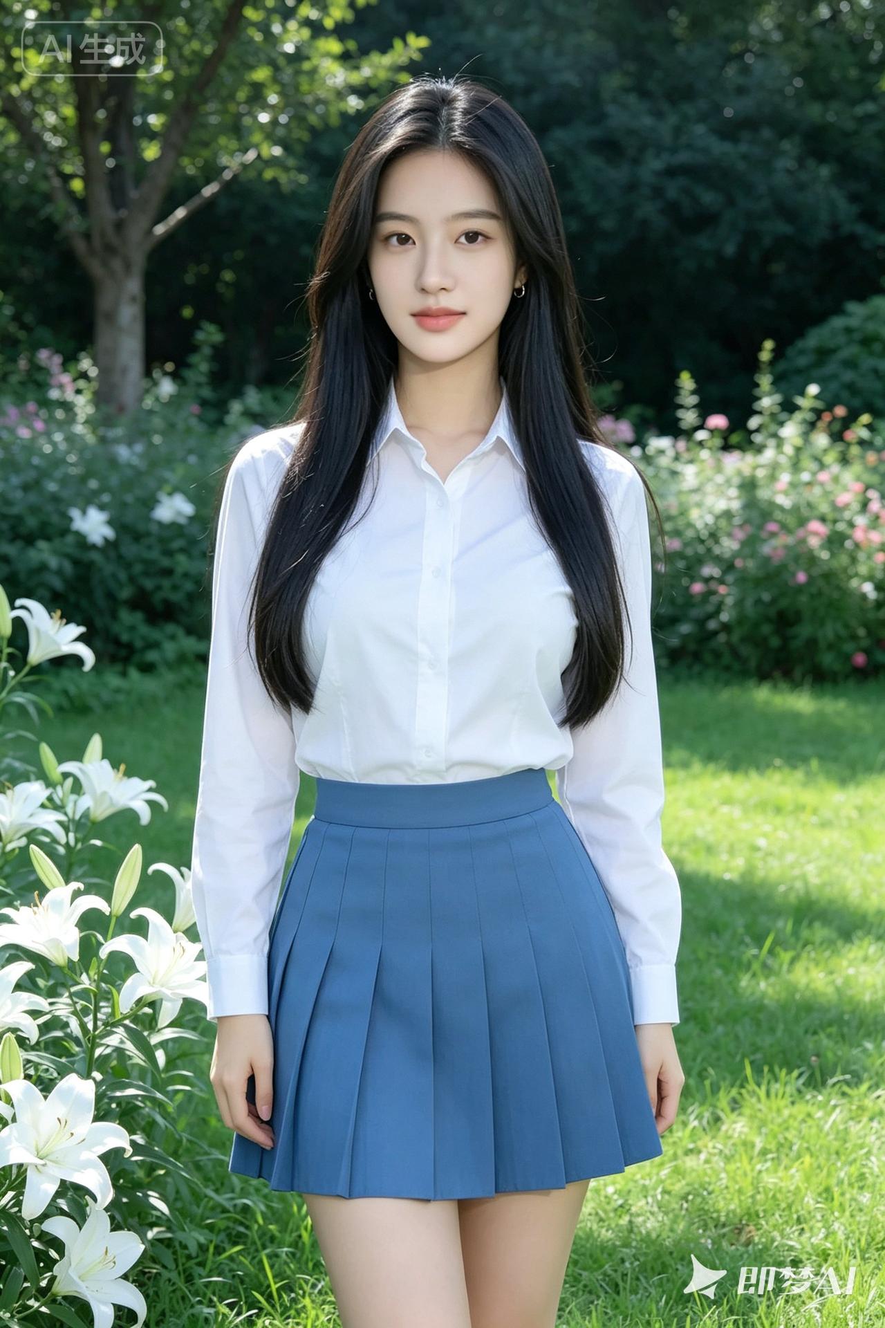 一个穿校服的女孩站在花园里。