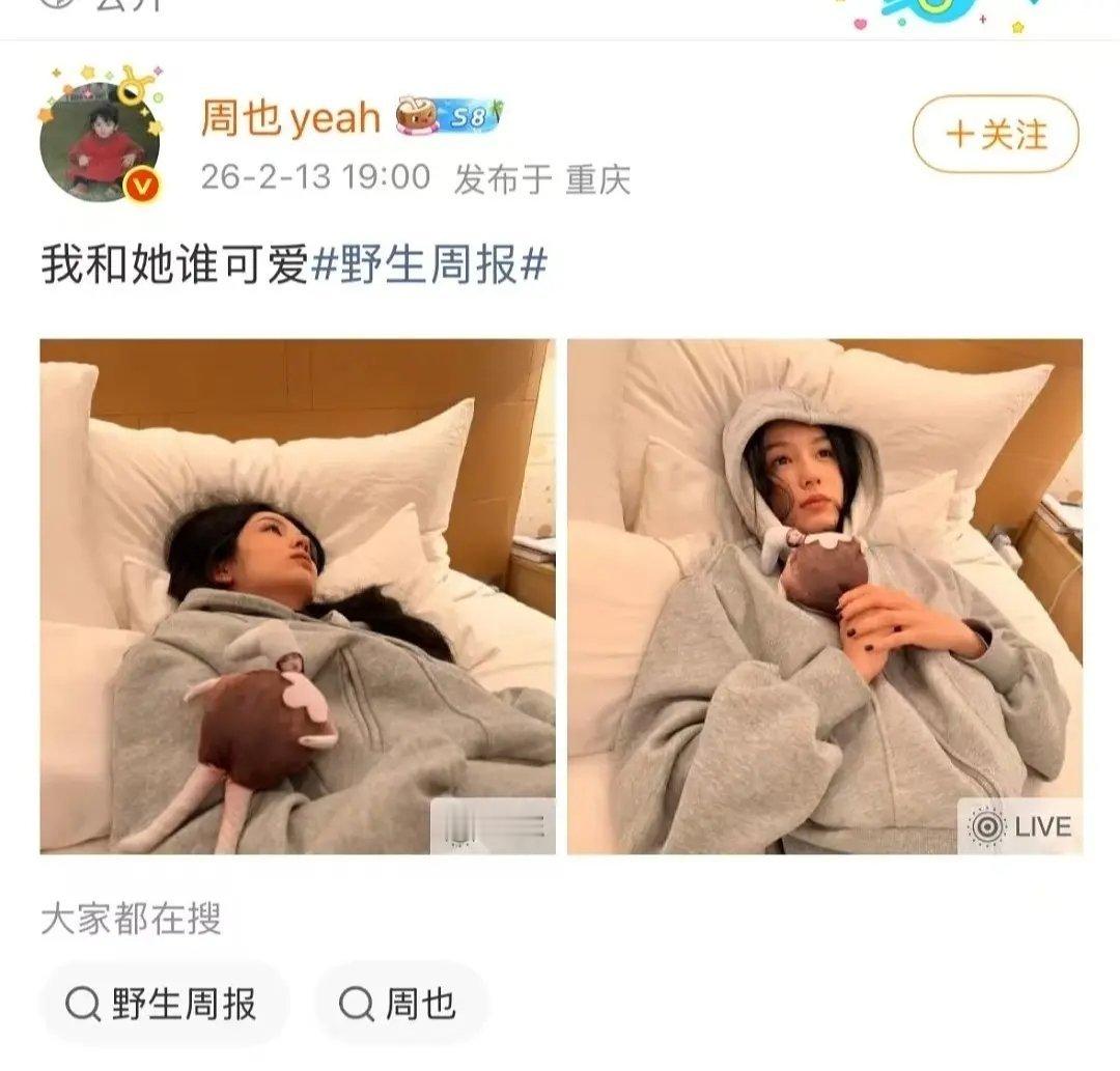 周也也开始跟玩偶比可爱了？所以在学谁啊