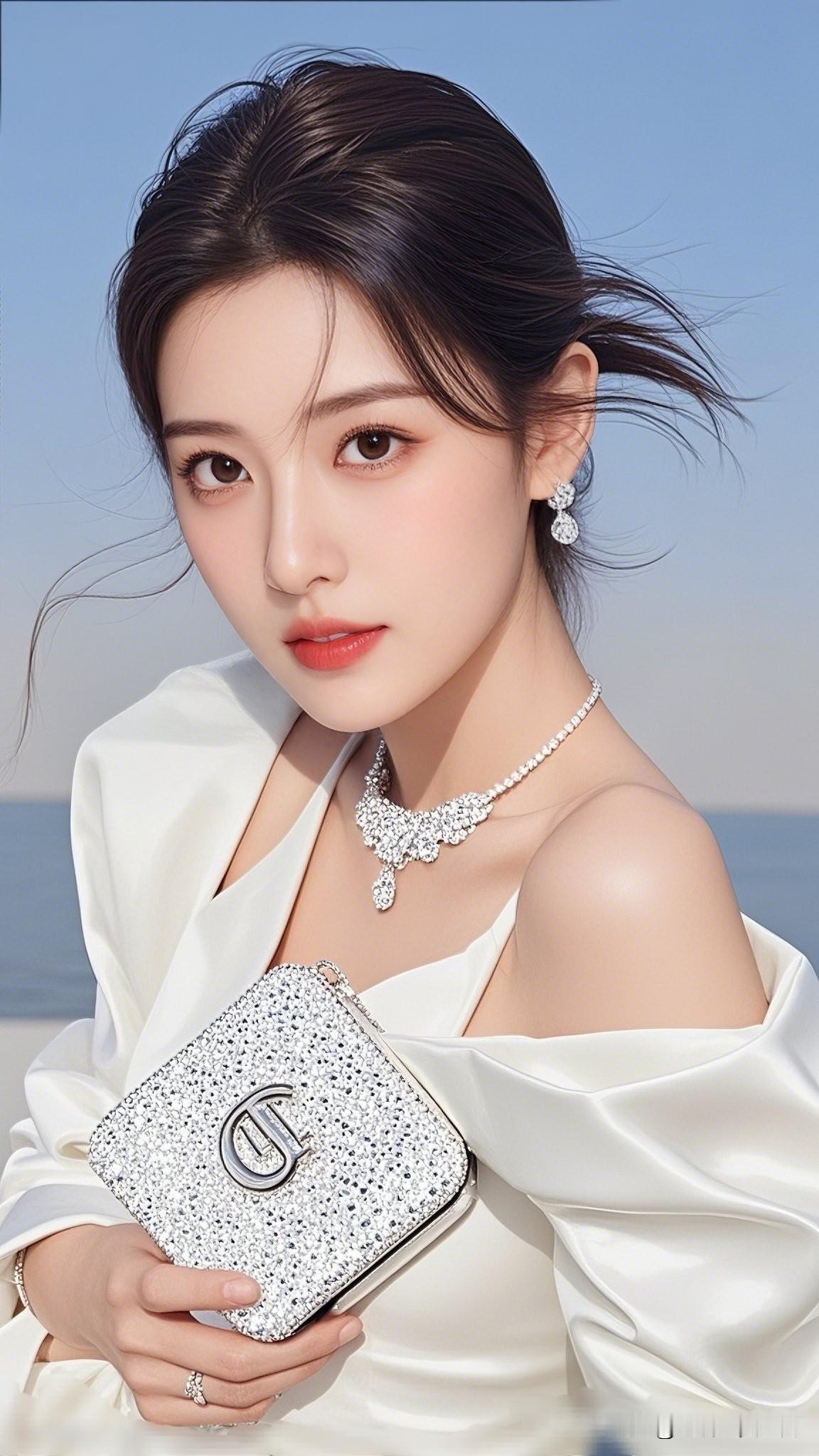 珠光宝气映碧波，美人如画意蕴深。时髦精穿搭秘籍优雅白裙搭配闪亮珠宝，海边度假的