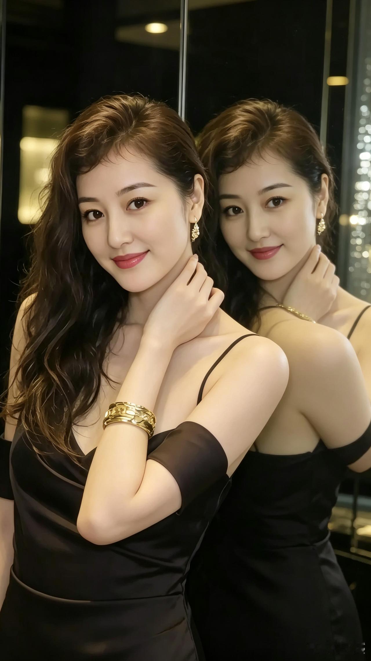黑金佳人卷发似云泛柔光黑金相衬玉肌香金环耳畔清音响宽镯腕间耀彩光玉臂轻