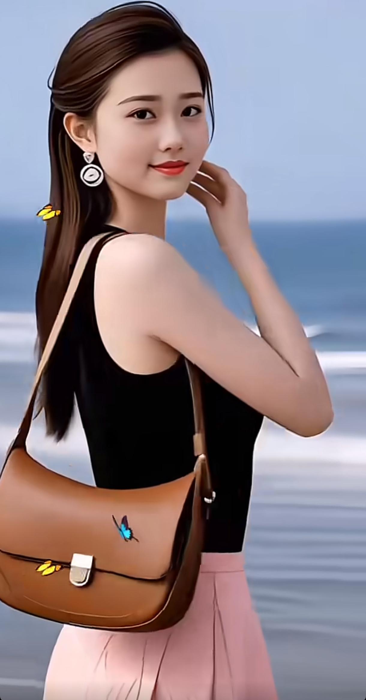 海边漫步，轻奢时尚，棕色小包搭配黑色上衣，轻松自在。少女风写真照棕色显气质穿搭