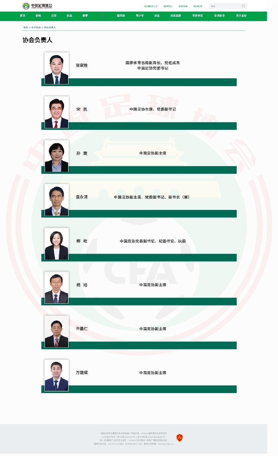 足球、篮球、排球协会的领导名单!中国足球协会（CFA）主席：宋凯（原辽宁体育