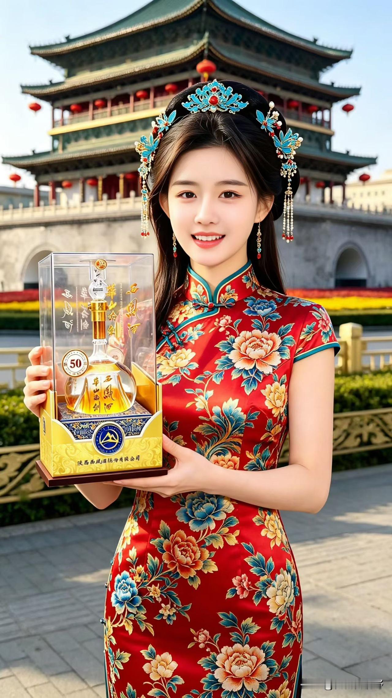 穿越时空的旗袍美人，手持华山论剑西凤酒，感受历史的韵味。美女旗袍照旗袍美人照