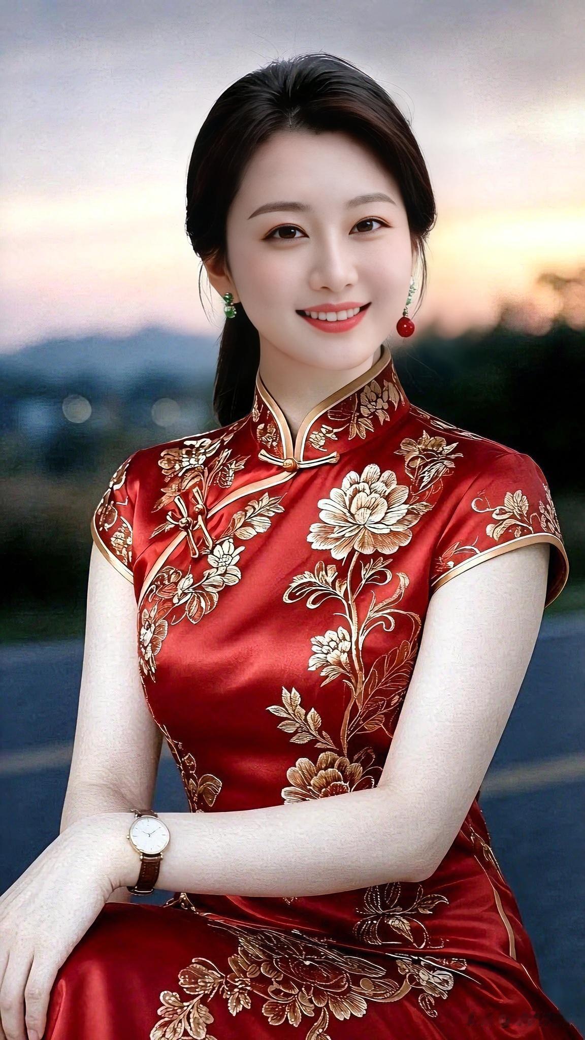 怎样穿搭让自己更美一袭红金牡丹旗袍，尽显东方独有的温婉韵味。落日晚风作伴，眉眼含