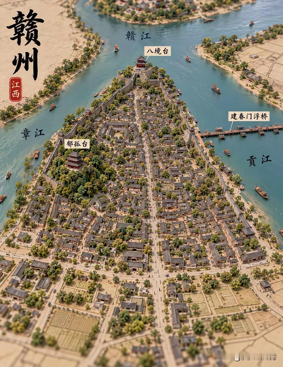 赣州：这幅图景，将赣州古城浓缩于方寸之间。章江与贡江在此相拥，汇成赣江，三面江水
