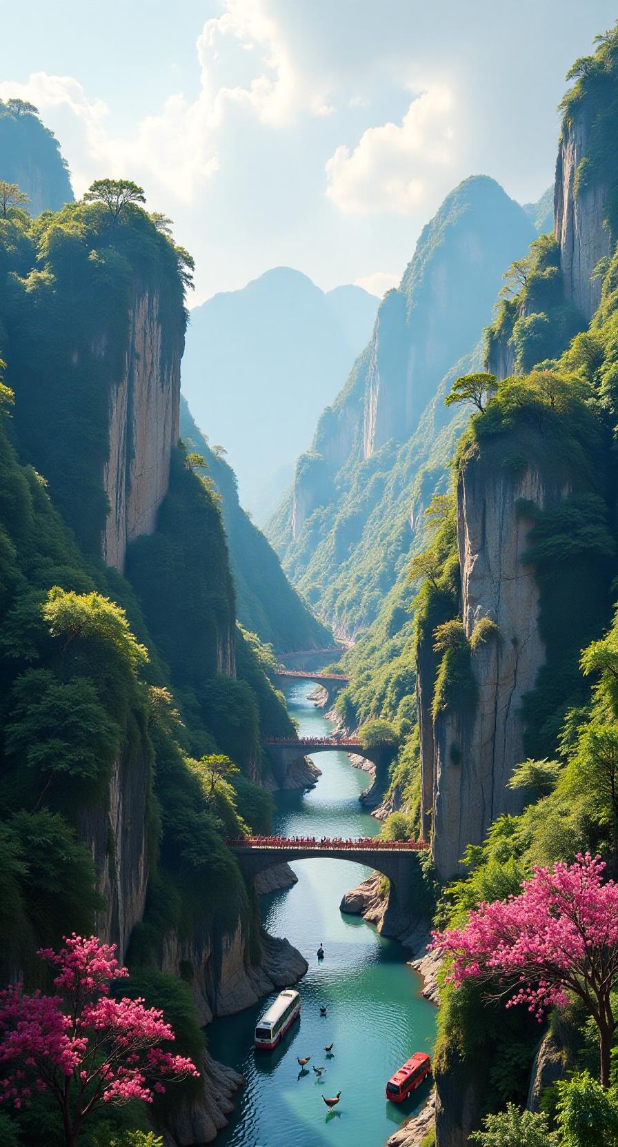 仙境般的峡谷风光，碧水青山间，游客漫步在玻璃桥上，感受大自然的壮丽与宁静。