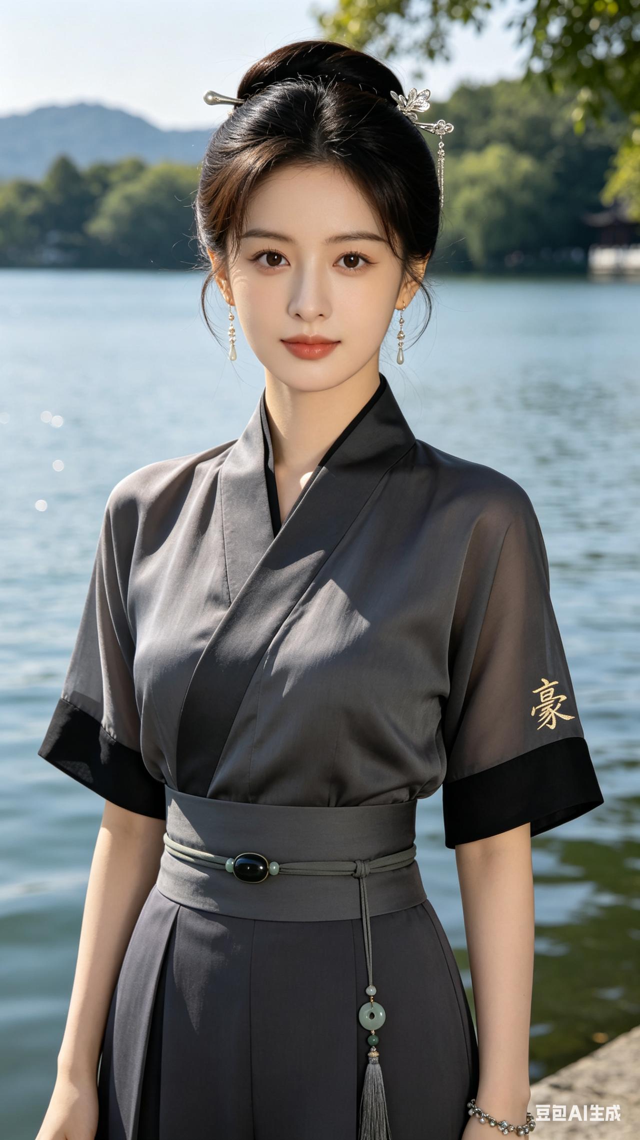 女子着炭灰极简素韵古装，袖缀金线“豪”字，配饰素雅。杏眼清澈透亮，眉眼鼻型精致利