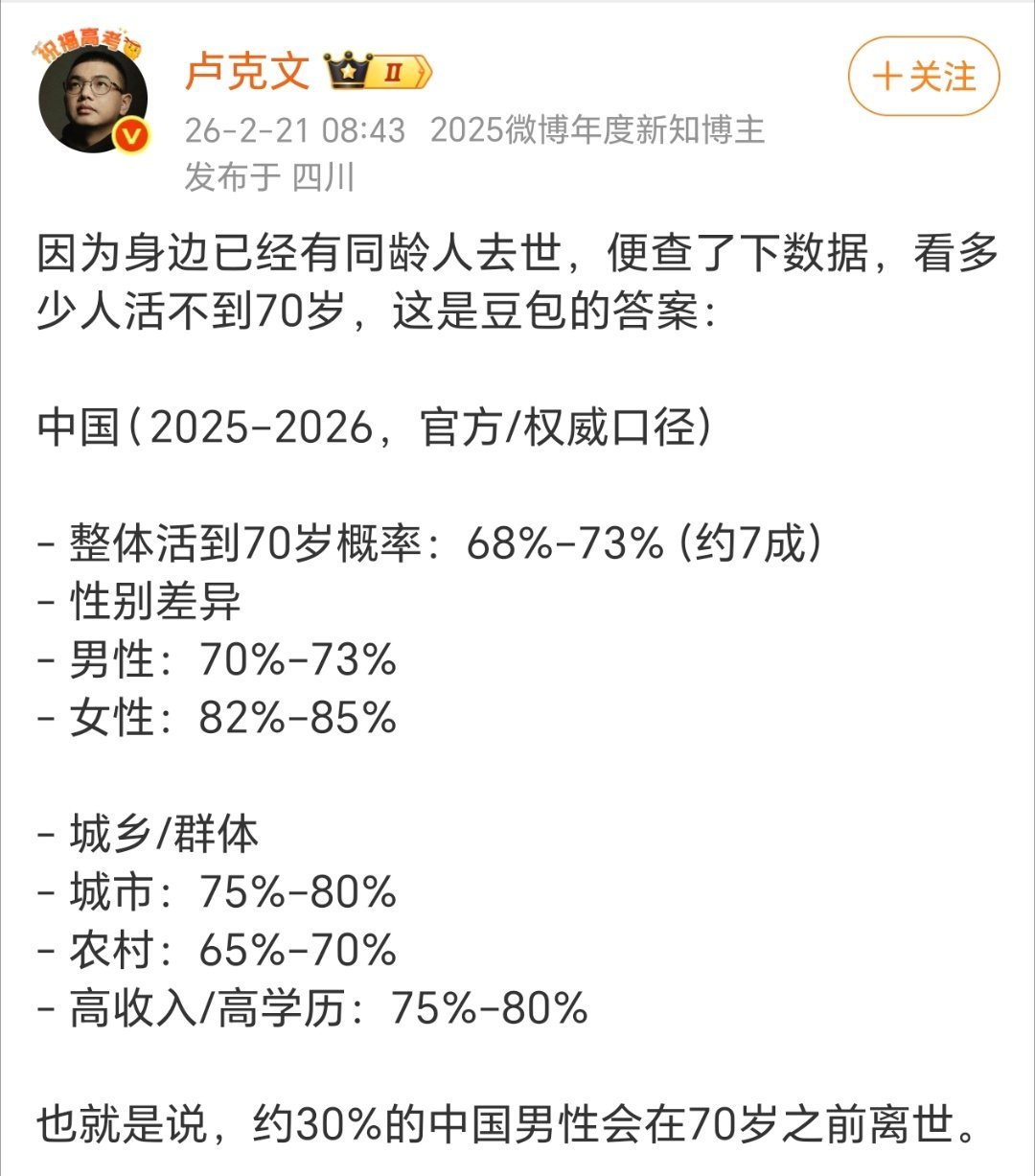 大约30%的中国男性会在70岁之前离世