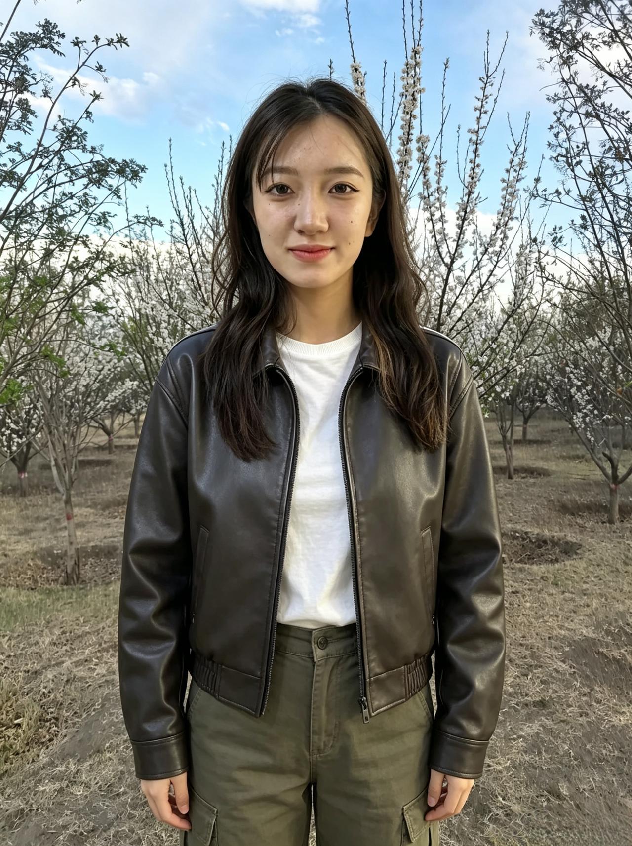 五一的风里带着青草和新叶的味道她走过公园的步道走过开着花的山坡相机定格的