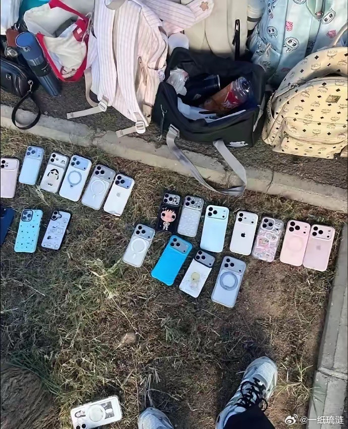 据说这是某大学大一新生军训期间，女生把手机集中放在草坪上，从照片来看清一色的全都