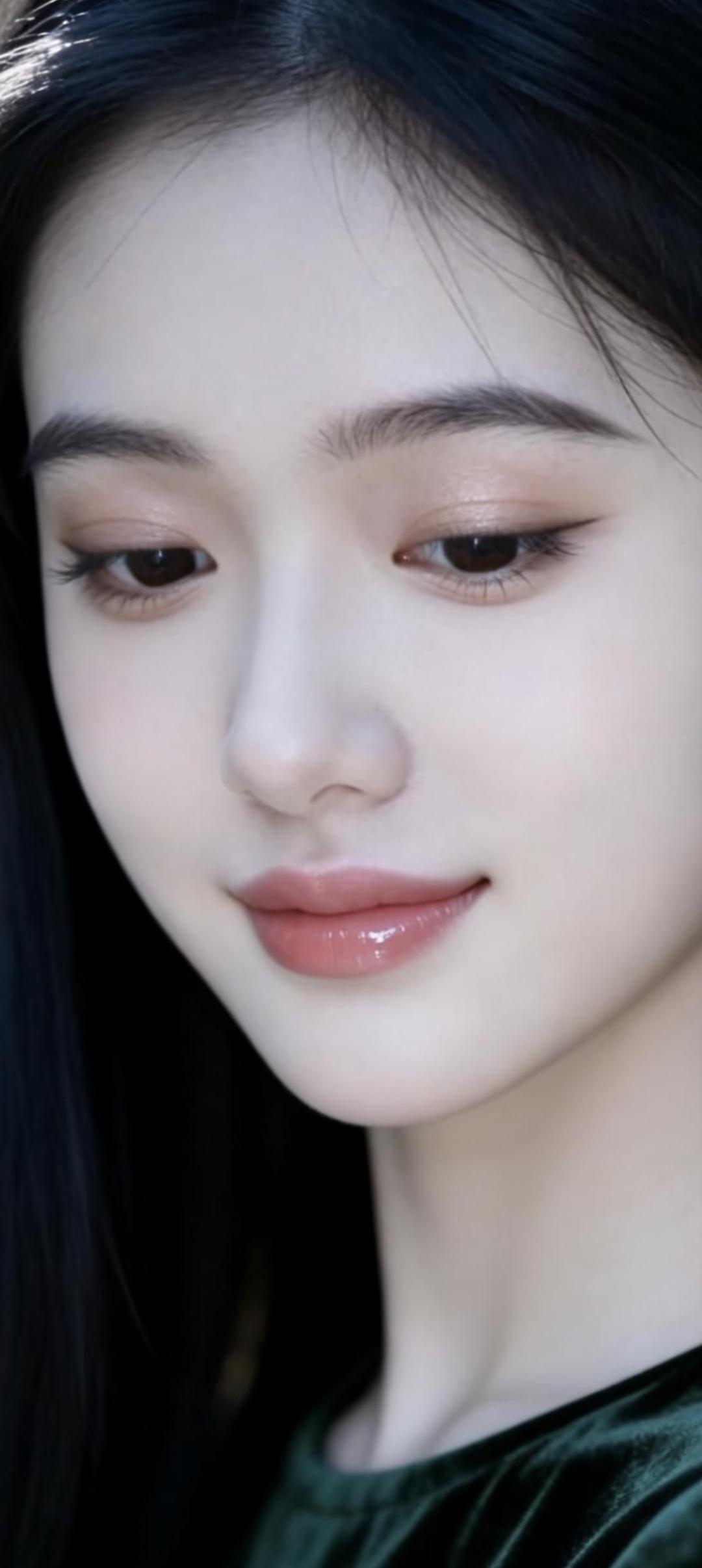 温柔甜美的少女，黑发红唇，自然妆容，清新动人。