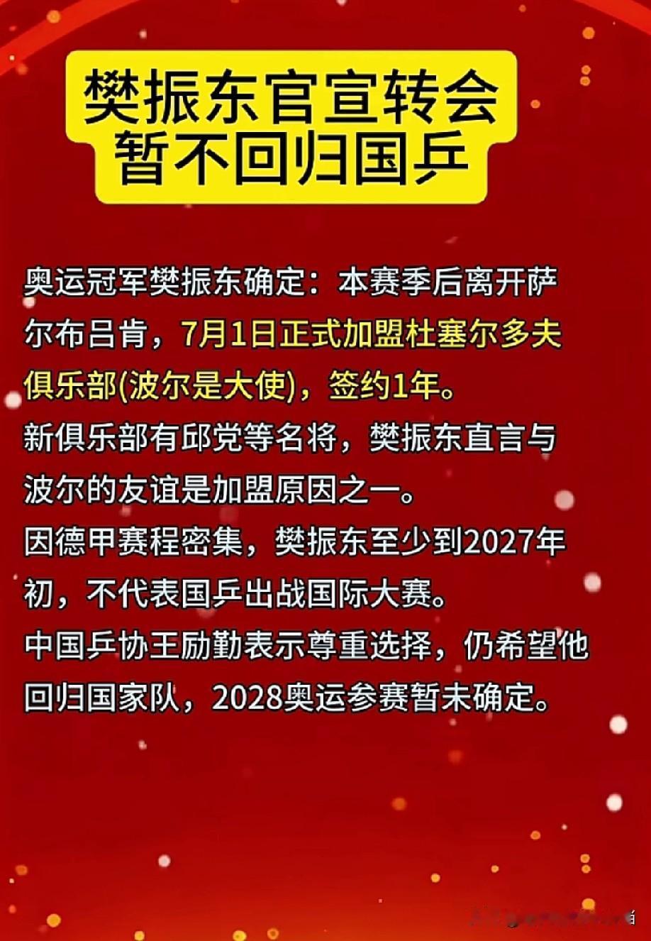 创作训练营樊振东官宣转会，暂不回归国乒。樊振东将于7月1日正式加盟杜塞尔多夫俱