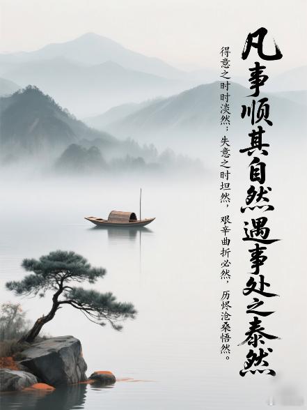 凡事顺其自然，遇事处之泰然；得意之时淡然，失意之时坦然；艰辛曲折必然，历尽沧桑悟