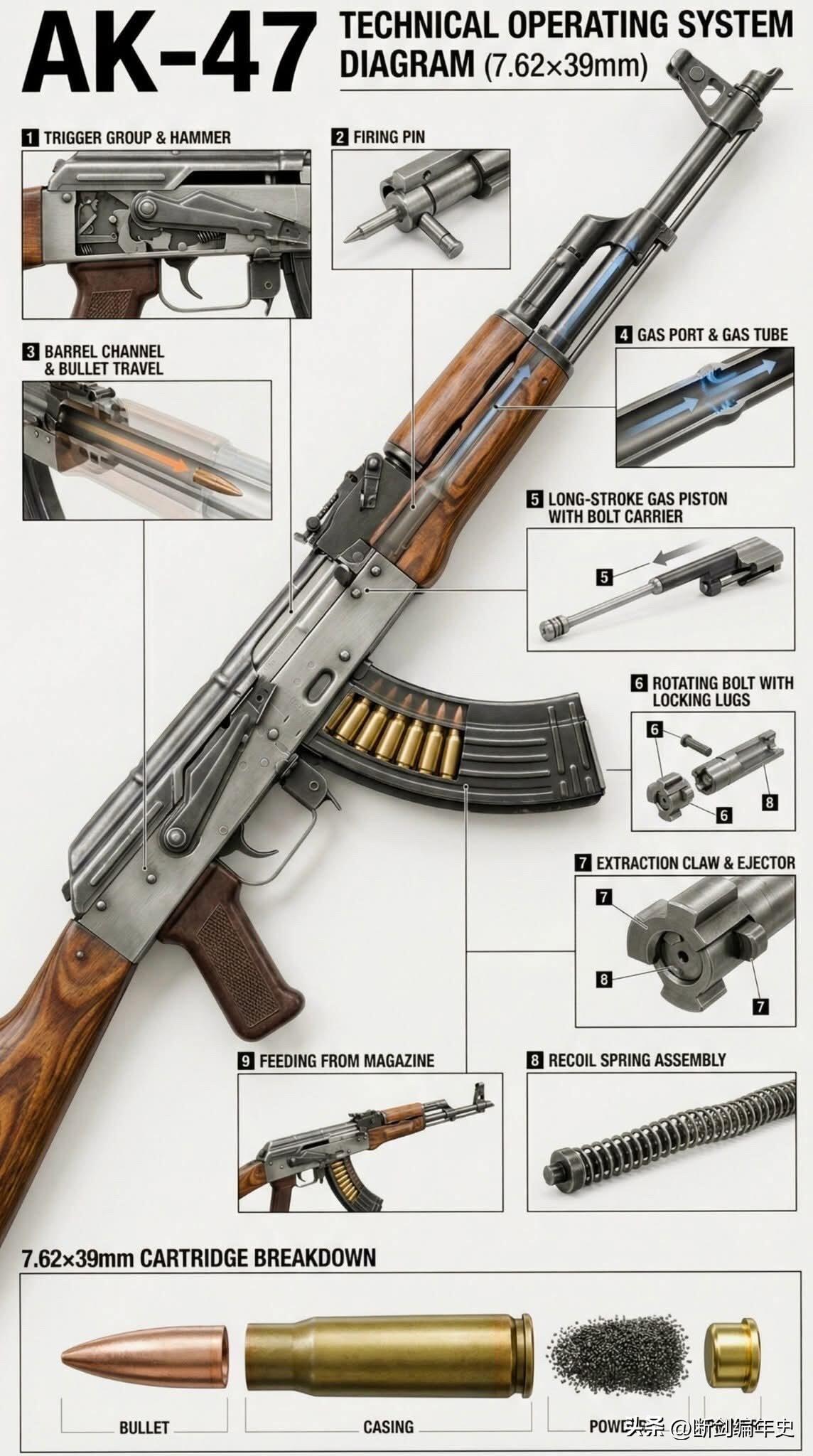 AK-47采用长行程活塞导气式+旋转闭锁枪机结构，优势是结构简单、可靠性极高，能