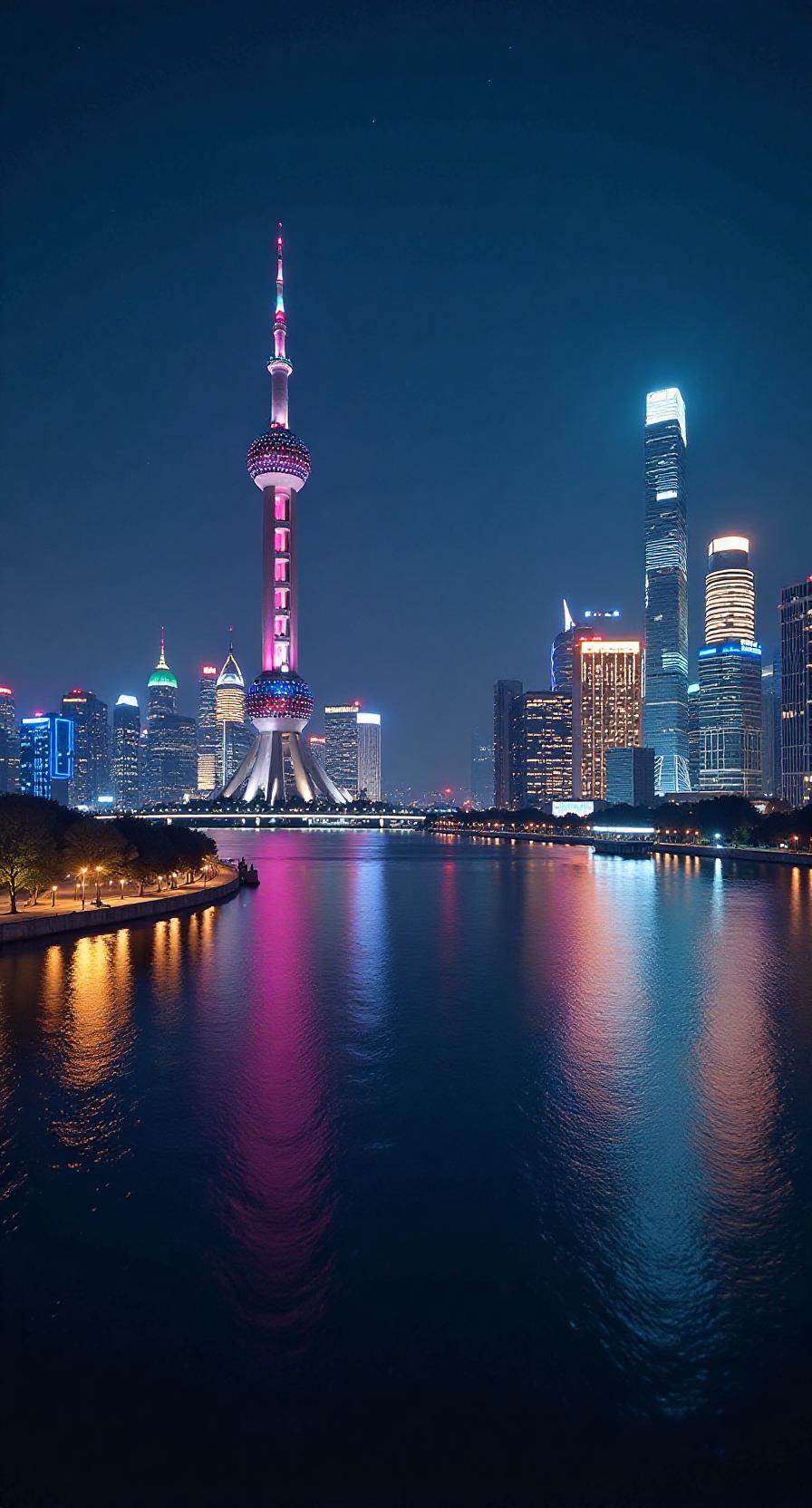 一片辽阔的湖面,湖水如同一面镜子,倒映着远处巍峨的雪山和蓝天白云。湖边是郁郁葱葱