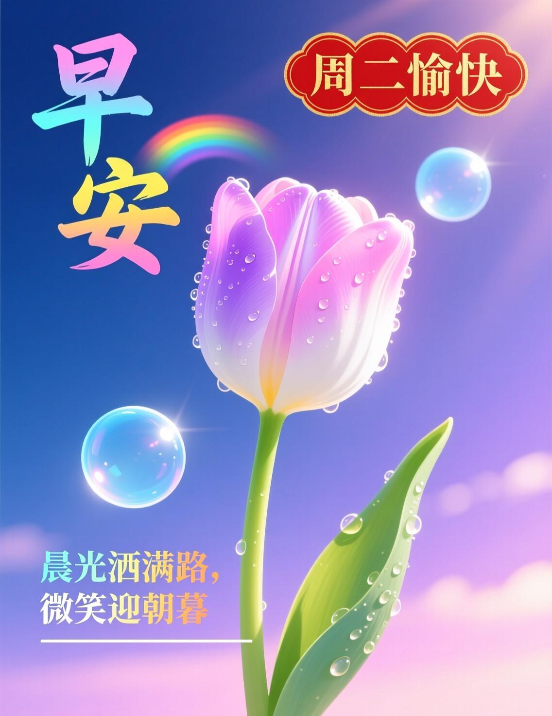 周二早安✨！褪去周一的匆忙，以平和心态迎接今日。人生一路走走停停，不必追逐别人的