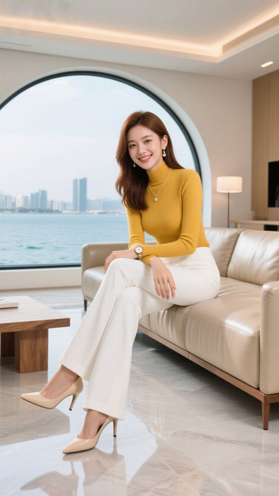 《暖黄映窗隅》晨光漫过弧形窗，将海面的蓝轻揉进室内，她倚在沙发上，暖黄毛衣