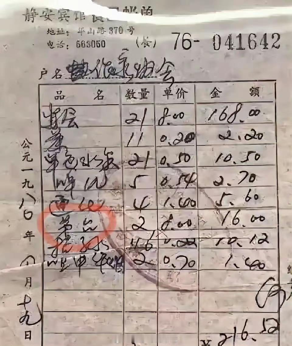 1980年，上海市作协在静安宾馆开会。21人，消费216元。茅台8元一瓶，2瓶