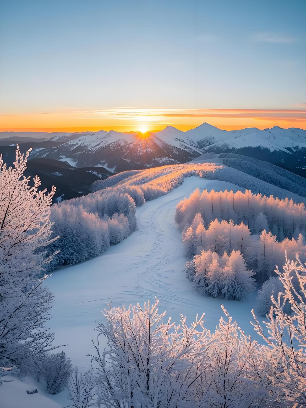 一条雪径通山麓，冬日普照乾坤新。