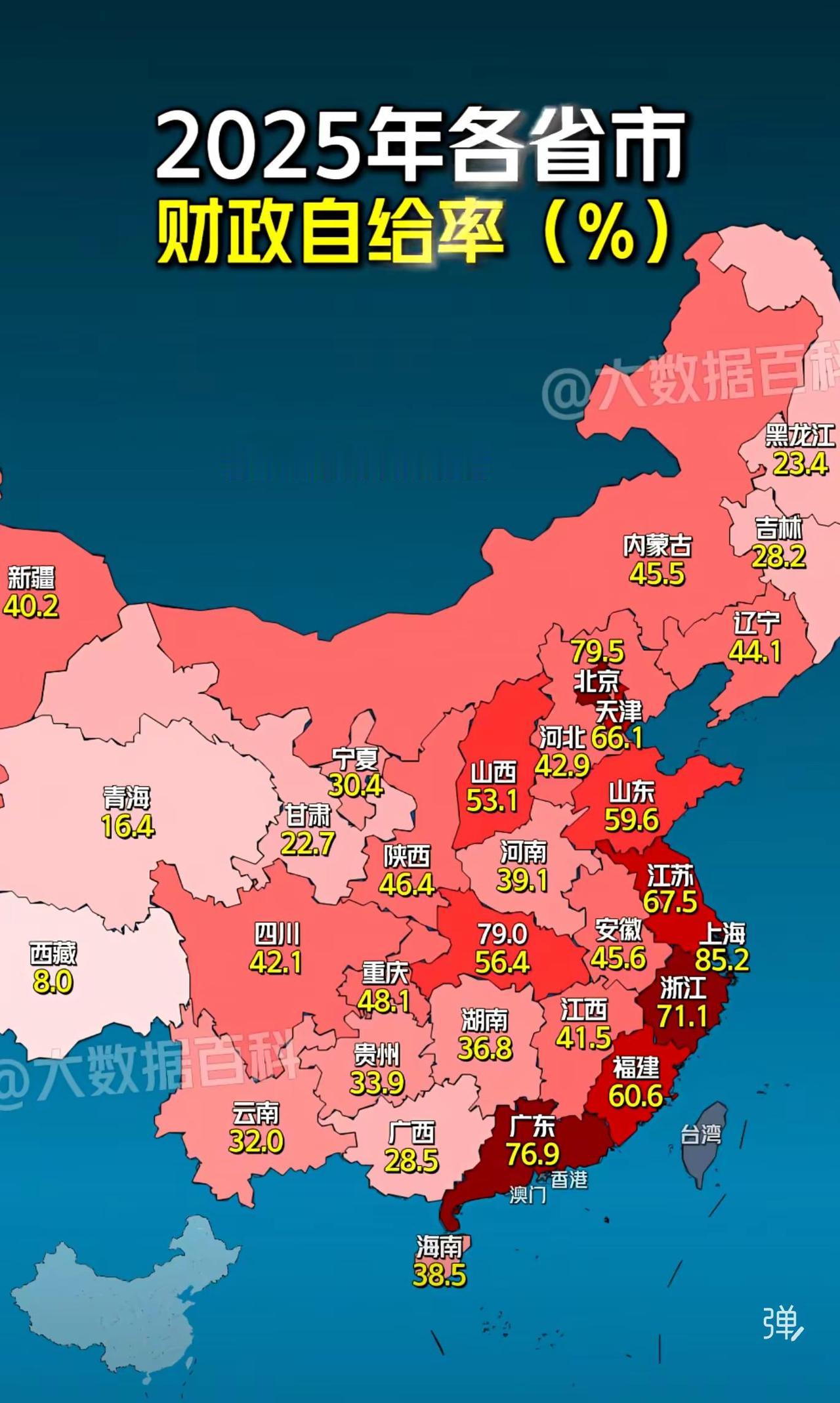 地图展示2025年中国各省市财政自给率（财政收入/财政支出，%），数据可视化呈现