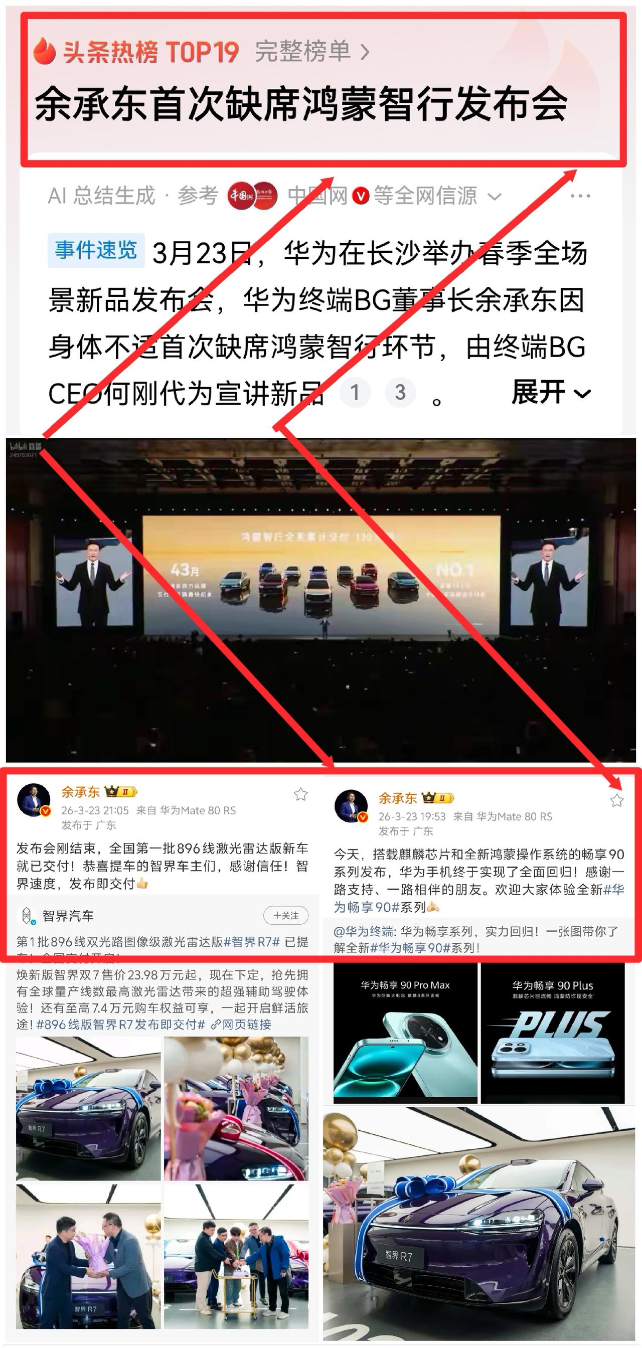 华为鸿蒙智行发布会，余承东“病了”，却病得“不合时宜”！当晚连发两条微博——他在