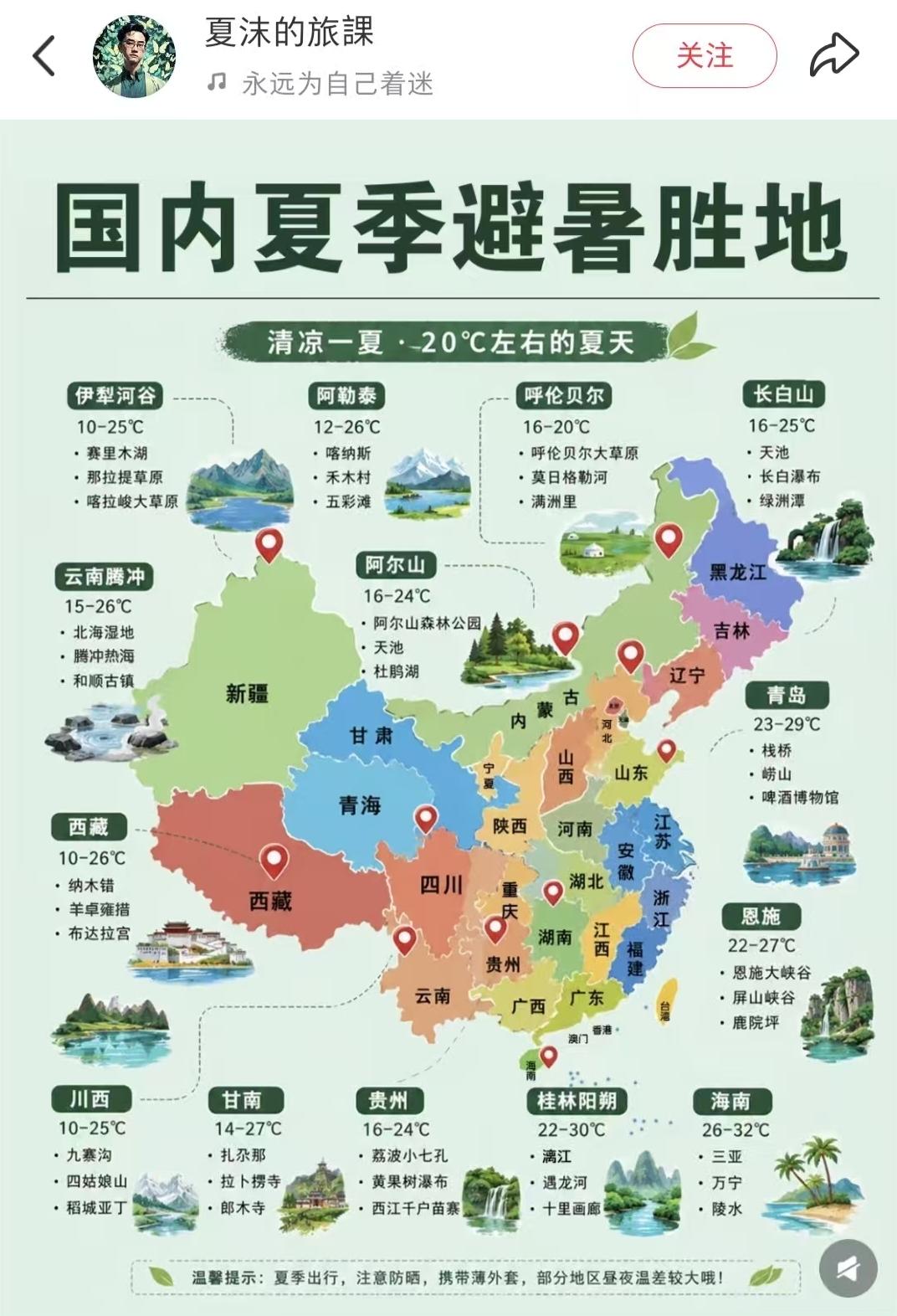 有网友晒出国内夏季避暑胜地，这里面包括了很多风景优美的避暑胜地，例如新疆的喀纳斯