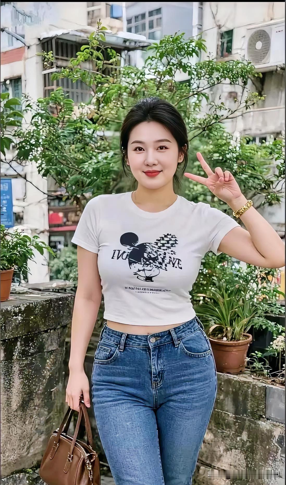 白T牛仔简约减龄，街头绿植环绕，比耶甜笑间，元气活力满溢日常瞬间。